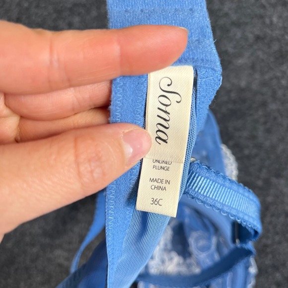 Soma Lamour Lace Plunge Bra 36C Blue White Floral Lace Mesh Underwire Embroidery - Picture 6 of 7